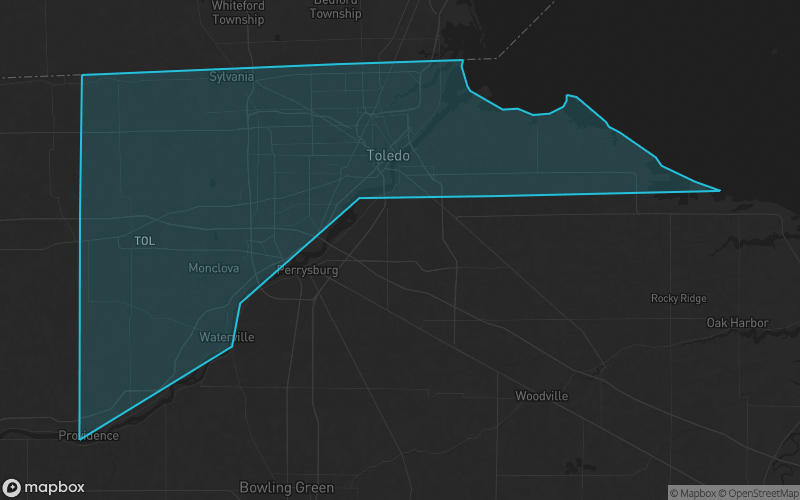 Map of Lucas County, Ohio showing the county boundary and surrounding cities