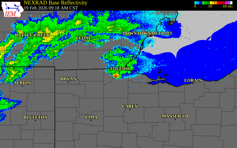 NEXRAD radar during the Thursday, February 19, 2026 storm activity in Lucas County, Ohio