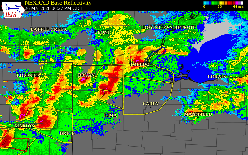 NEXRAD radar during the Thursday, March 26, 2026 storm activity in Lucas County, Ohio