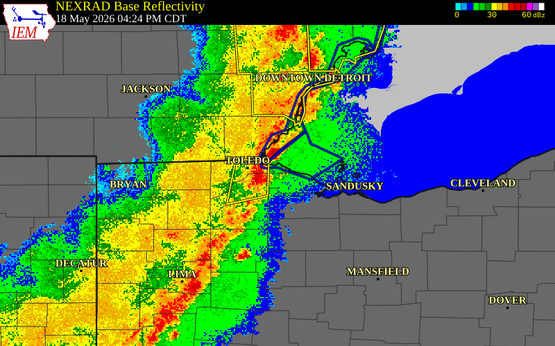 NEXRAD radar during the Monday, May 18, 2026 storm activity in Lucas County, Ohio