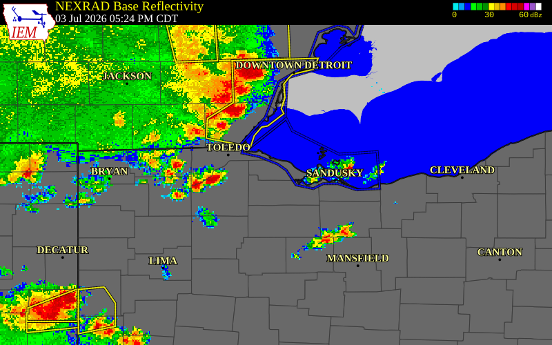 NEXRAD radar during the Friday, July 3, 2026 storm activity in Lucas County, Ohio