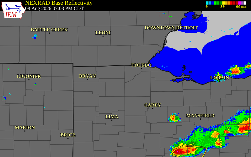 NEXRAD radar during the Saturday, August 8, 2026 storm activity in Lucas County, Ohio