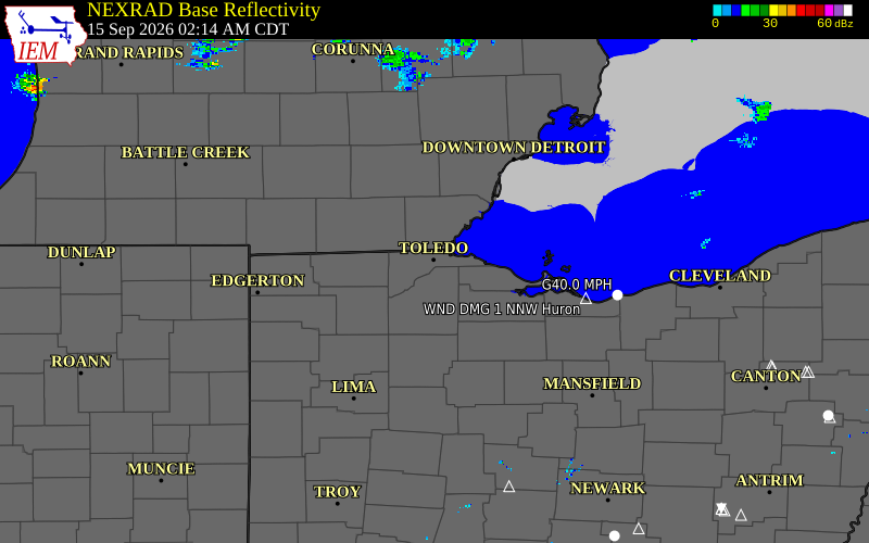 Current NEXRAD radar over Lucas County, Ohio with recent storm report locations