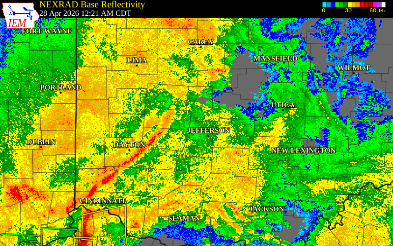 NEXRAD radar during the Tuesday, April 28, 2026 storm activity in Madison County, Ohio