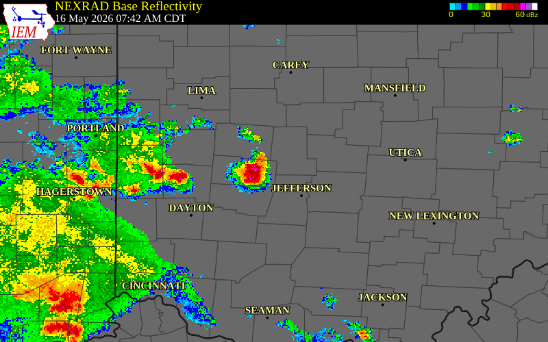 NEXRAD radar during the Saturday, May 16, 2026 storm activity in Madison County, Ohio