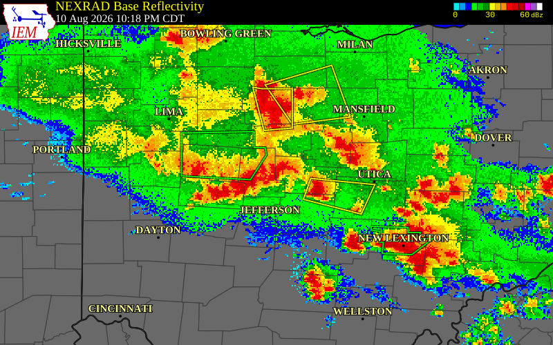 NEXRAD radar during the Monday, August 10, 2026 storm activity in Madison County, Ohio