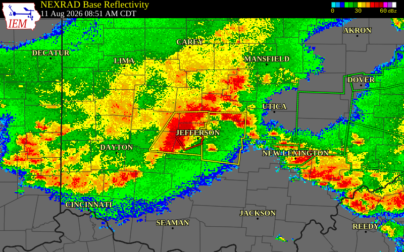 NEXRAD radar during the Tuesday, August 11, 2026 storm activity in Madison County, Ohio