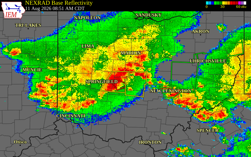 Radar snapshot during the Aug 11, 2026 tornado event near 2 SSE Plain City, Madison County, Ohio, with NWS warning polygons