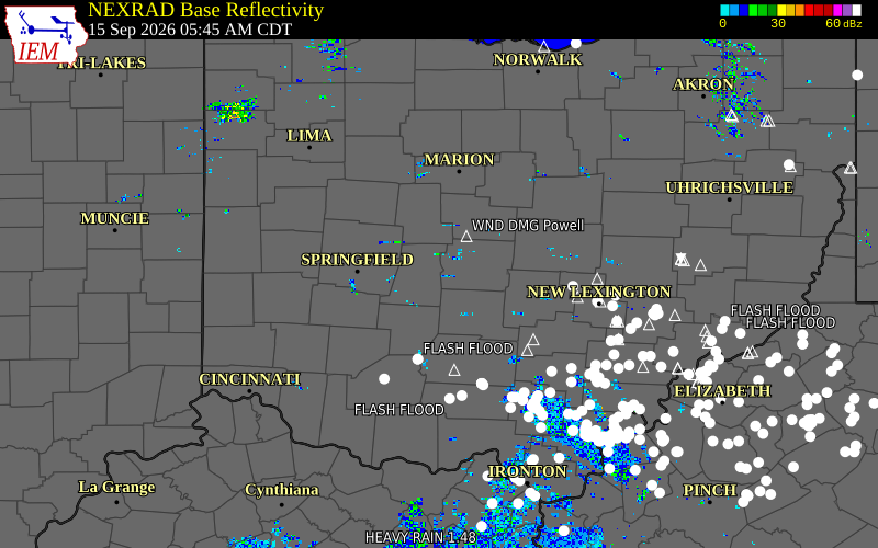 Current NEXRAD radar over Madison County, Ohio with recent storm report locations