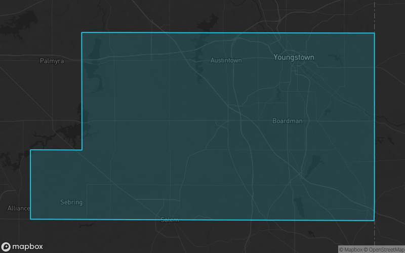 Map of Mahoning County, Ohio showing the county boundary and surrounding cities