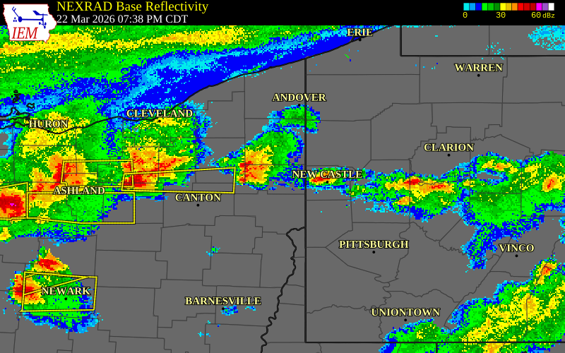 NEXRAD radar during the Sunday, March 22, 2026 storm activity in Mahoning County, Ohio