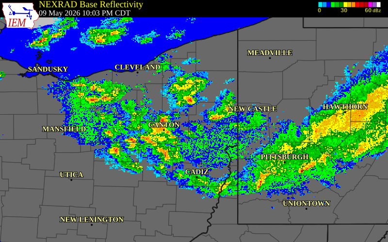 NEXRAD radar during the Saturday, May 9, 2026 storm activity in Mahoning County, Ohio