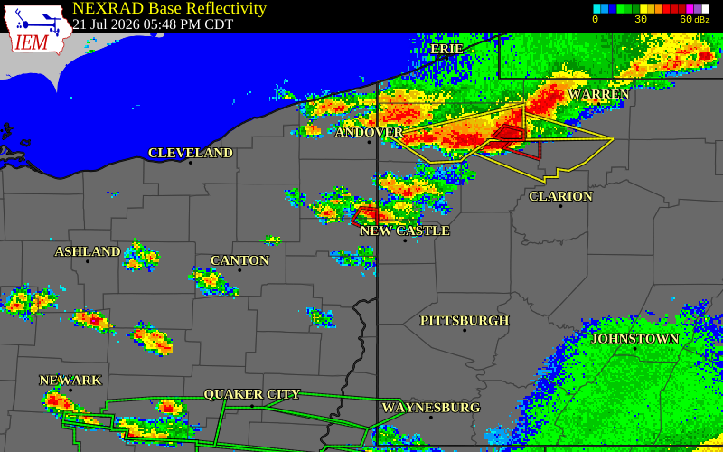 NEXRAD radar during the Tuesday, July 21, 2026 storm activity in Mahoning County, Ohio