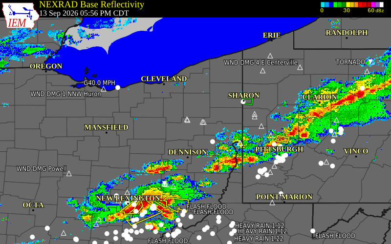 Current NEXRAD radar over Mahoning County, Ohio with recent storm report locations