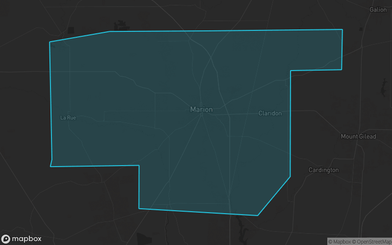 Map of Marion County, Ohio showing the county boundary and surrounding cities