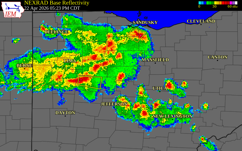 NEXRAD radar during the Wednesday, April 22, 2026 storm activity in Marion County, Ohio