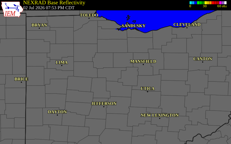 NEXRAD radar during the Thursday, July 2, 2026 storm activity in Marion County, Ohio
