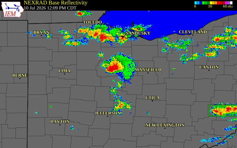 NEXRAD radar during the Friday, July 10, 2026 storm activity in Marion County, Ohio