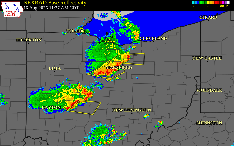 Radar snapshot during the Aug 11, 2026 wind event near Marion County, Marion County, Ohio, with NWS warning polygons