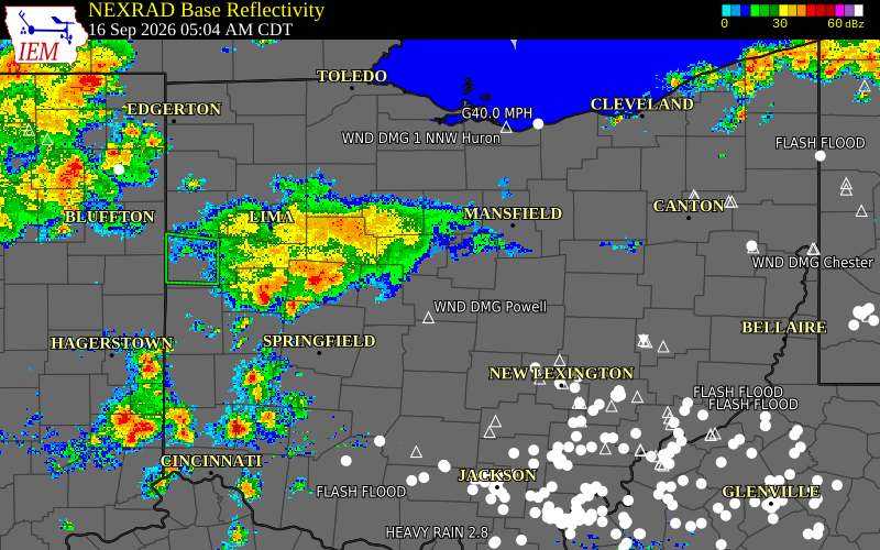 Current NEXRAD radar over Marion County, Ohio with recent storm report locations