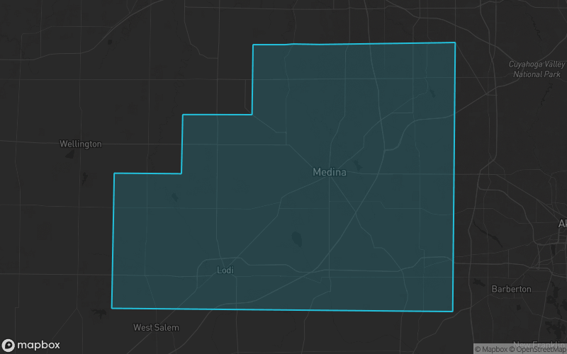 Map of Medina County, Ohio showing the county boundary and surrounding cities