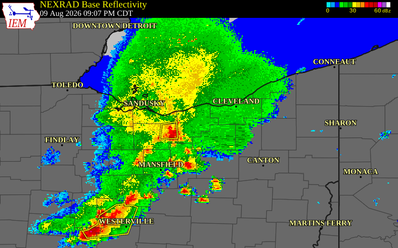NEXRAD radar during the Sunday, August 9, 2026 storm activity in Medina County, Ohio