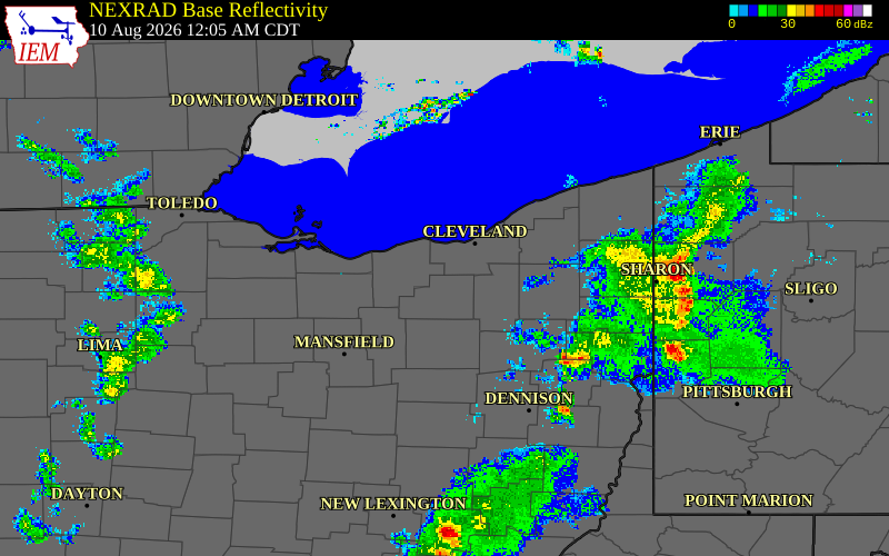 Radar snapshot during the Aug 10, 2026 wind event near 3 WNW Brunswick, Medina County, Ohio, with NWS warning polygons