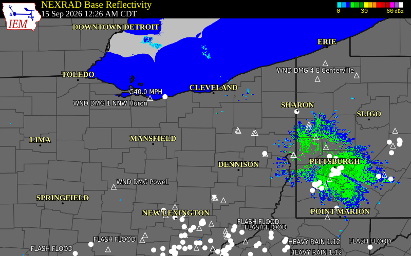 Current NEXRAD radar over Medina County, Ohio with recent storm report locations