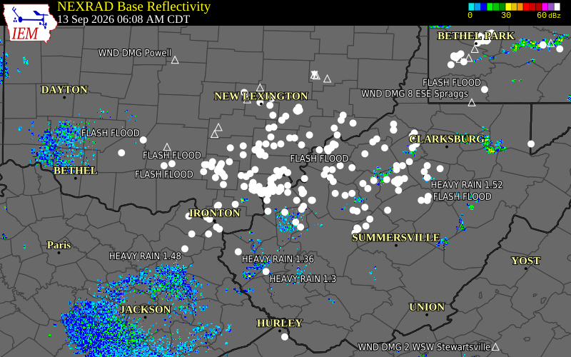 Current NEXRAD radar over Meigs County, Ohio with recent storm report locations