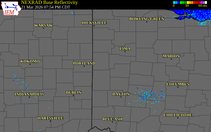 NEXRAD radar during the Saturday, March 21, 2026 storm activity in Mercer County, Ohio