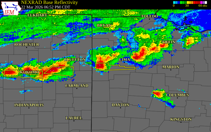 NEXRAD radar during the Sunday, March 22, 2026 storm activity in Mercer County, Ohio