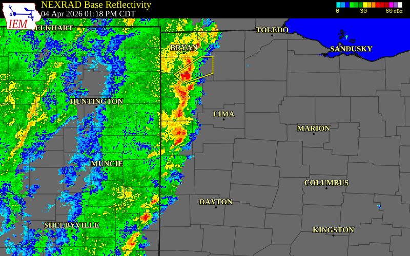 NEXRAD radar during the Saturday, April 4, 2026 storm activity in Mercer County, Ohio