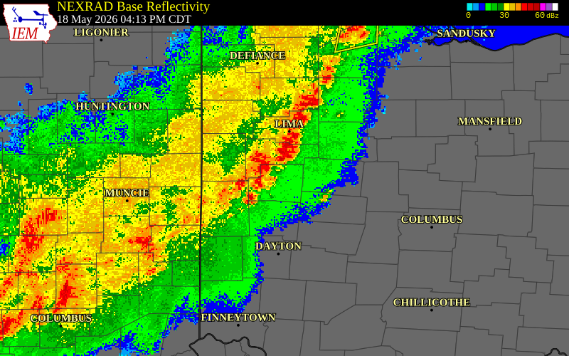 NEXRAD radar during the Monday, May 18, 2026 storm activity in Mercer County, Ohio