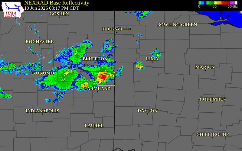 NEXRAD radar during the Wednesday, June 10, 2026 storm activity in Mercer County, Ohio