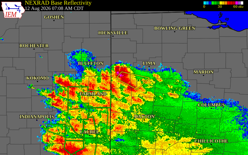 NEXRAD radar during the Wednesday, August 12, 2026 storm activity in Mercer County, Ohio