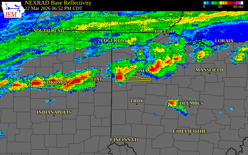 Radar snapshot during the Mar 22, 2026 hail event near Mendon, Mercer County, Ohio, with NWS warning polygons