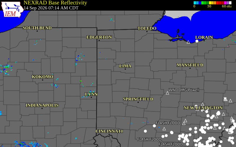 Current NEXRAD radar over Mercer County, Ohio with recent storm report locations