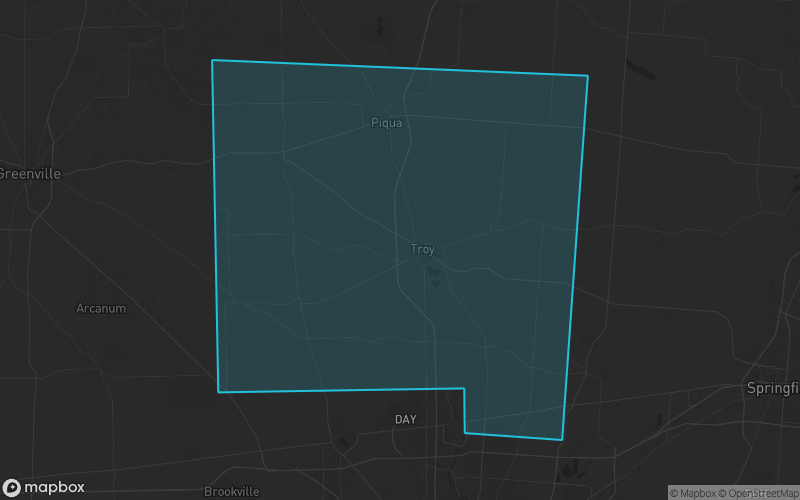 Map of Miami County, Ohio showing the county boundary and surrounding cities