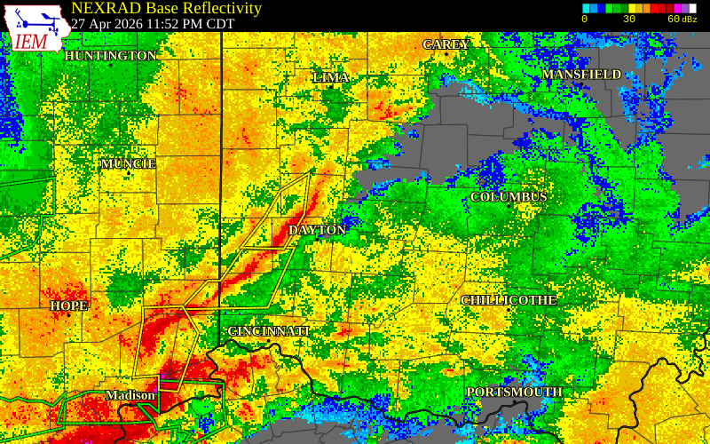 NEXRAD radar during the Tuesday, April 28, 2026 storm activity in Miami County, Ohio