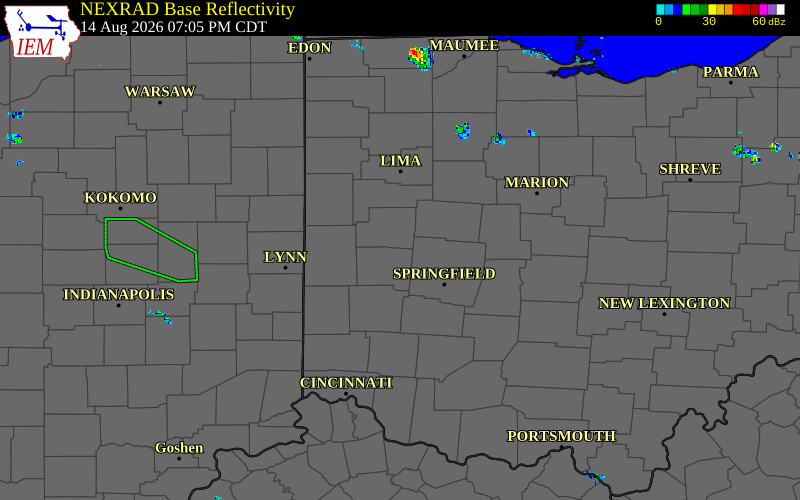 Radar snapshot during the Jul 27, 2026 wind event near Miami County, Miami County, Ohio, with NWS warning polygons