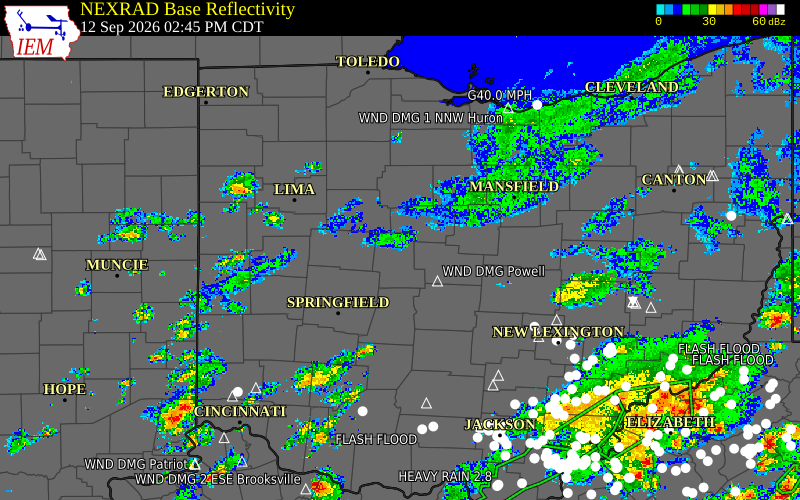 Current NEXRAD radar over Miami County, Ohio with recent storm report locations