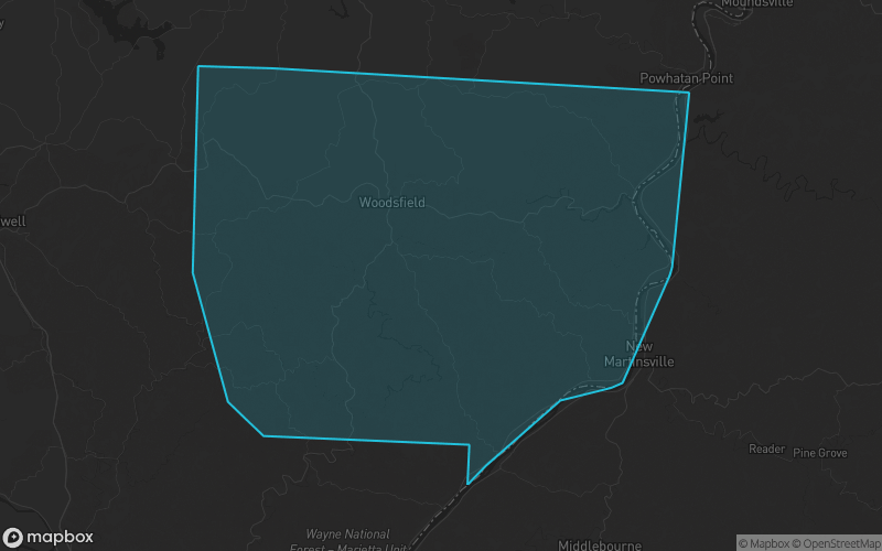 Map of Monroe County, Ohio showing the county boundary and surrounding cities
