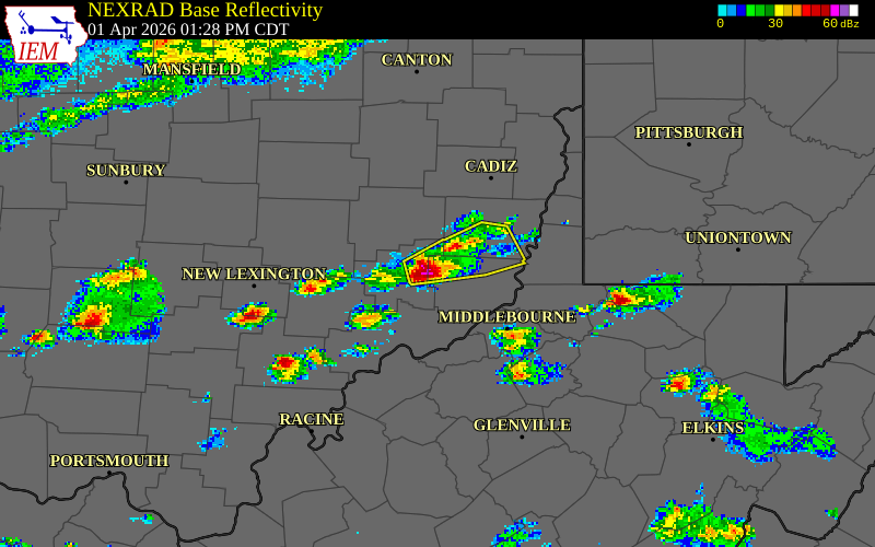 NEXRAD radar during the Wednesday, April 1, 2026 storm activity in Monroe County, Ohio