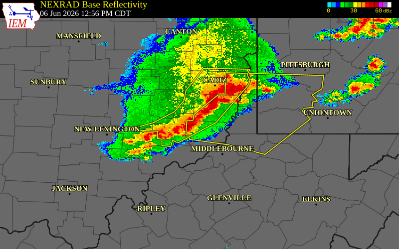 NEXRAD radar during the Saturday, June 6, 2026 storm activity in Monroe County, Ohio