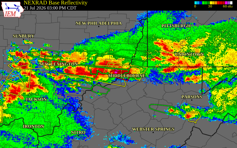 NEXRAD radar during the Tuesday, July 21, 2026 storm activity in Monroe County, Ohio