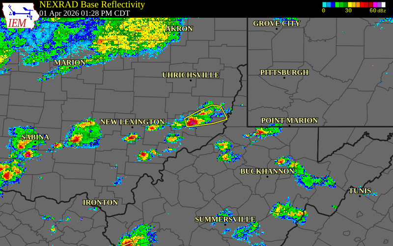 Radar snapshot during the Apr 1, 2026 hail event near 3 WNW Lewisville, Monroe County, Ohio, with NWS warning polygons