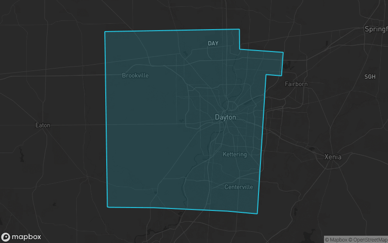 Map of Montgomery County, Ohio showing the county boundary and surrounding cities