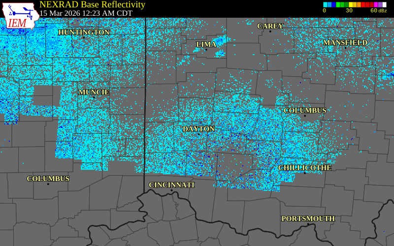 NEXRAD radar during the Sunday, March 15, 2026 storm activity in Montgomery County, Ohio