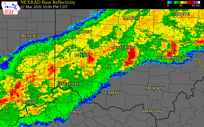 NEXRAD radar during the Sunday, March 22, 2026 storm activity in Montgomery County, Ohio