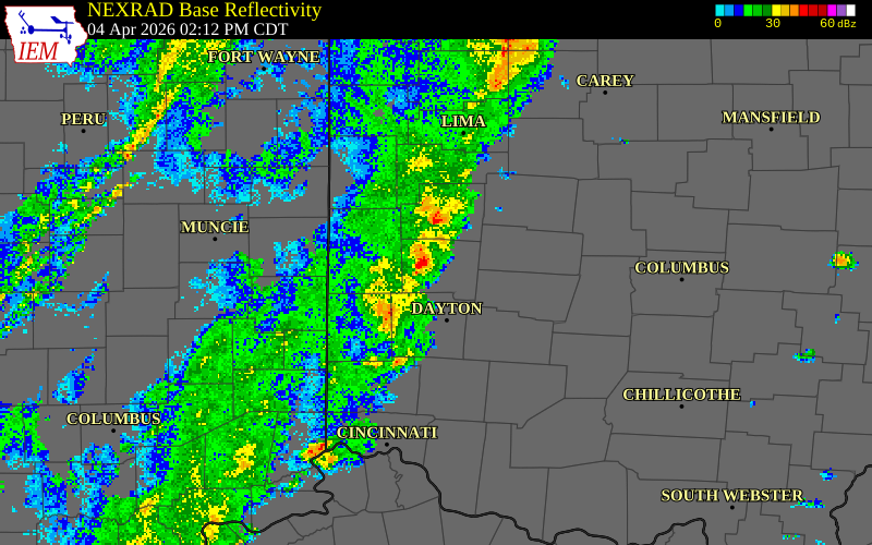 NEXRAD radar during the Saturday, April 4, 2026 storm activity in Montgomery County, Ohio